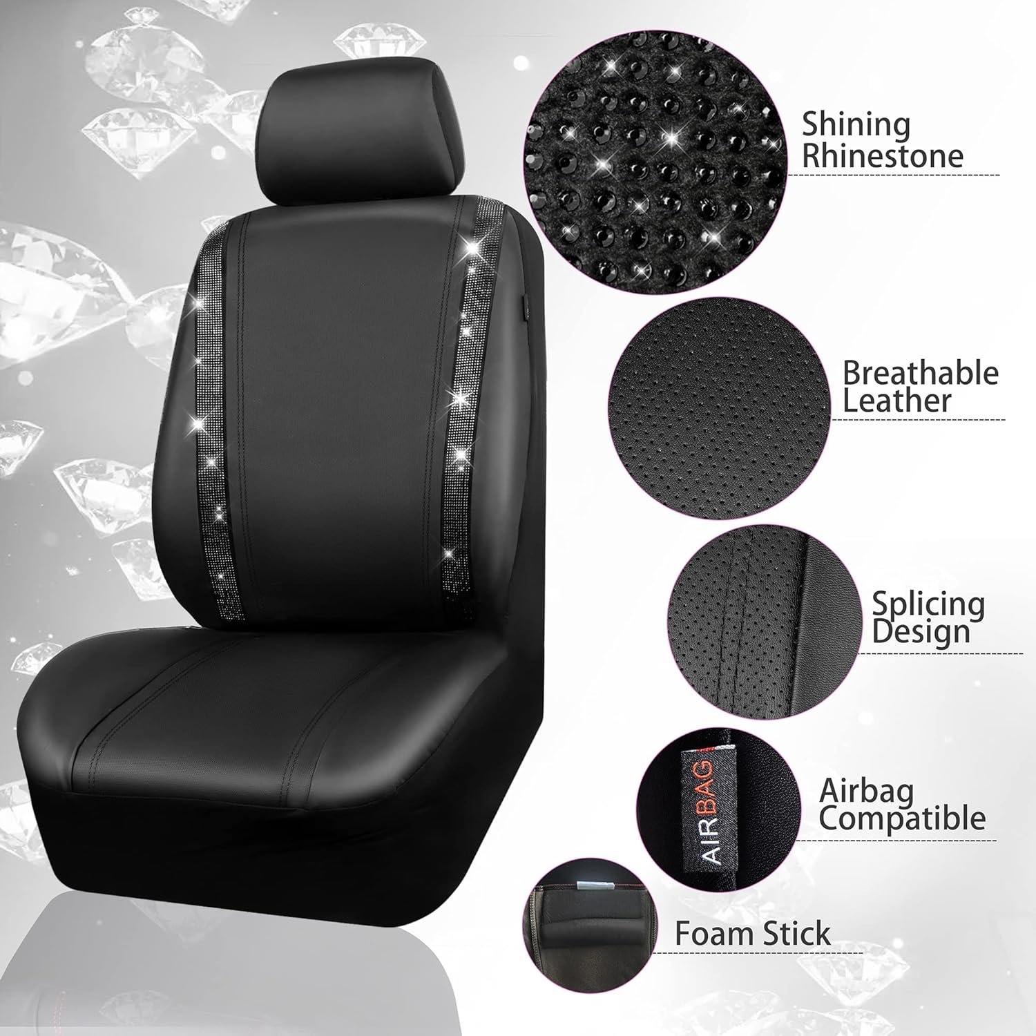 CAR PASS Leather Bling Diamond Car Seat Covers Full Set, Shining Rhinestone Waterproof Durable Rear with Zipper, Universal Fit Automotive Glitter Crystal Sparkle Strip for Cute Women Girly Black